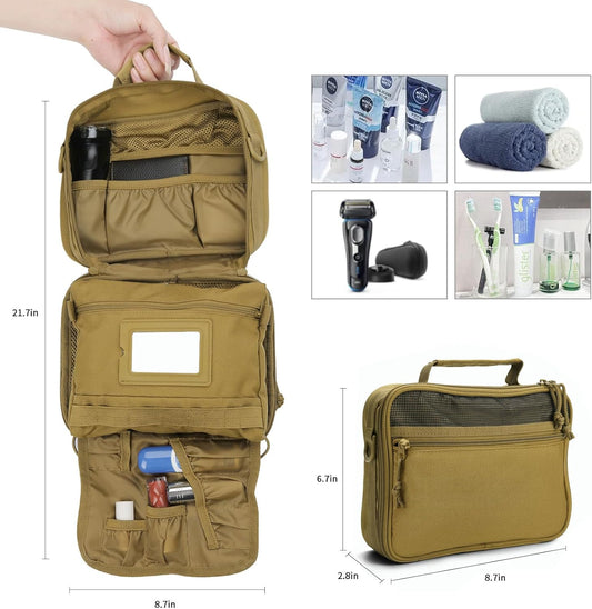 Toiletry Bag for Men Travel, Men's Hanging Toiletry Bag, Portable Dopp Kit Organizer with Hook - Shaving Bag, Tactical Travel Essentials Khaki(No molle)