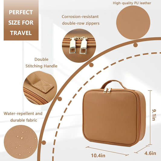 Travel Makeup Bag for Makeup Artists Large Makeup Case,with Mirror 3 Color Setting and Detachable 10x Magnifying Mirror Travel Makeup Bag,Portable Storage and Adjustable Dividers(brown)