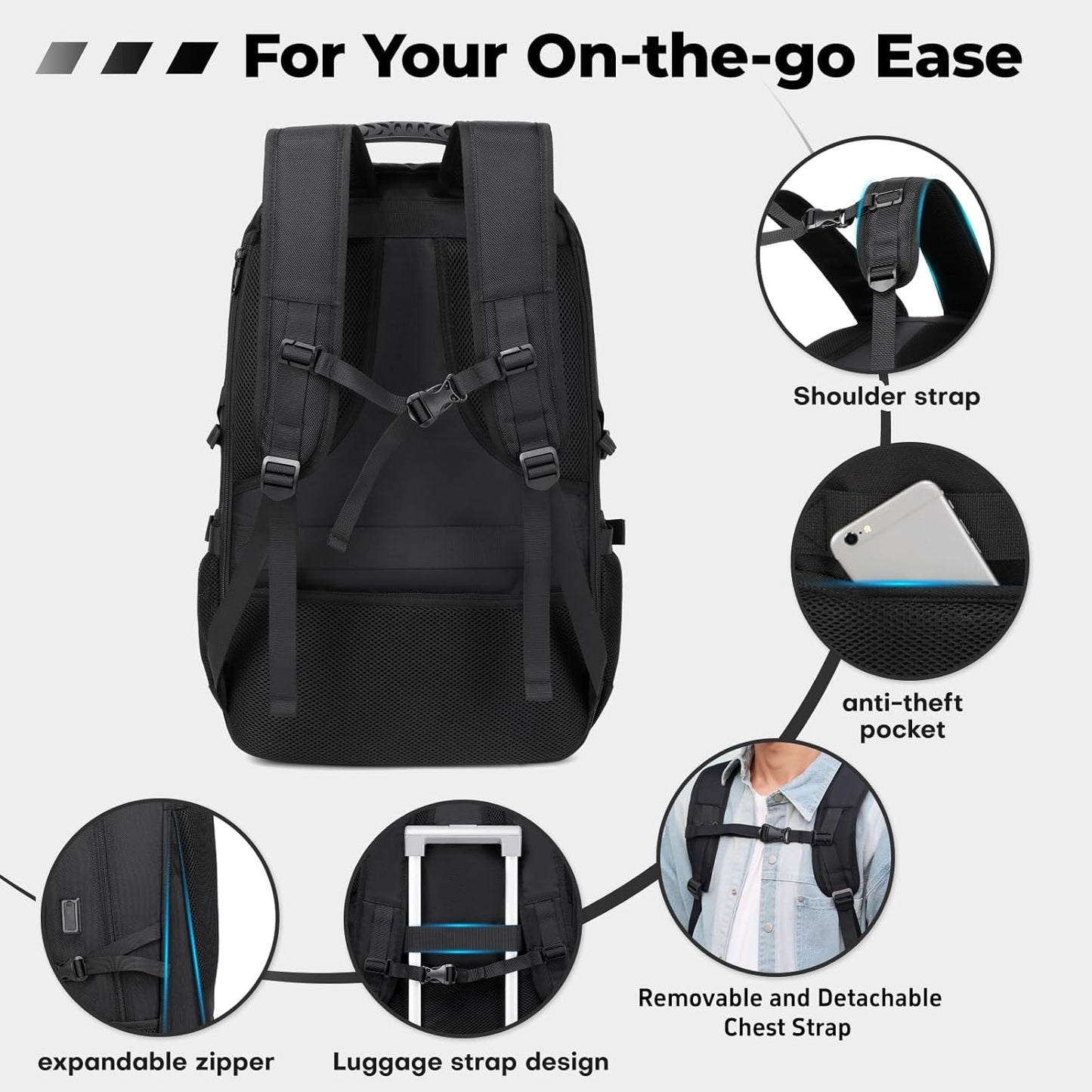 17.3 Inch Travel Laptop Backpack with Shoe Compartment,50L Carry on Flight Approved Backpacks Multiple Compartments,Water Resistant Anti Theft Bag with USB Charging Port,for Men Women