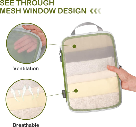 Cipway Compression Packing Cubes, See Through Mesh Luggage Organizer Bags, Travel Essentials for Carry on Suitcase with Laundry Bag and Clear Toiletries Bag(6 Pcs,Green)
