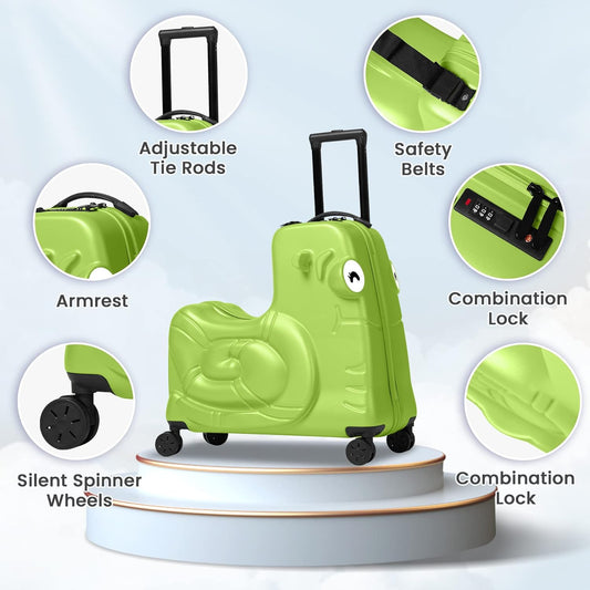 Kids Ride-on Luggage with Spinner Wheels Suitcase, Kid's Ride-On Suitcase Help Your Child Relax, Carry On Trolley Luggage with Password Lock (Green, 22 inches)