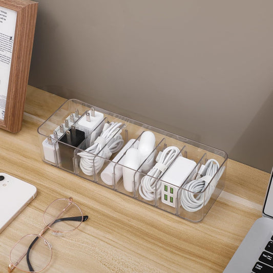 Yesesion Clear Plastic Cable Organizer Box with Adjustment Compartments, Desk Accessories Storage Case with 10 Wire Ties for Drawer, Office Supplies, Electronic Management, Battery and Charger