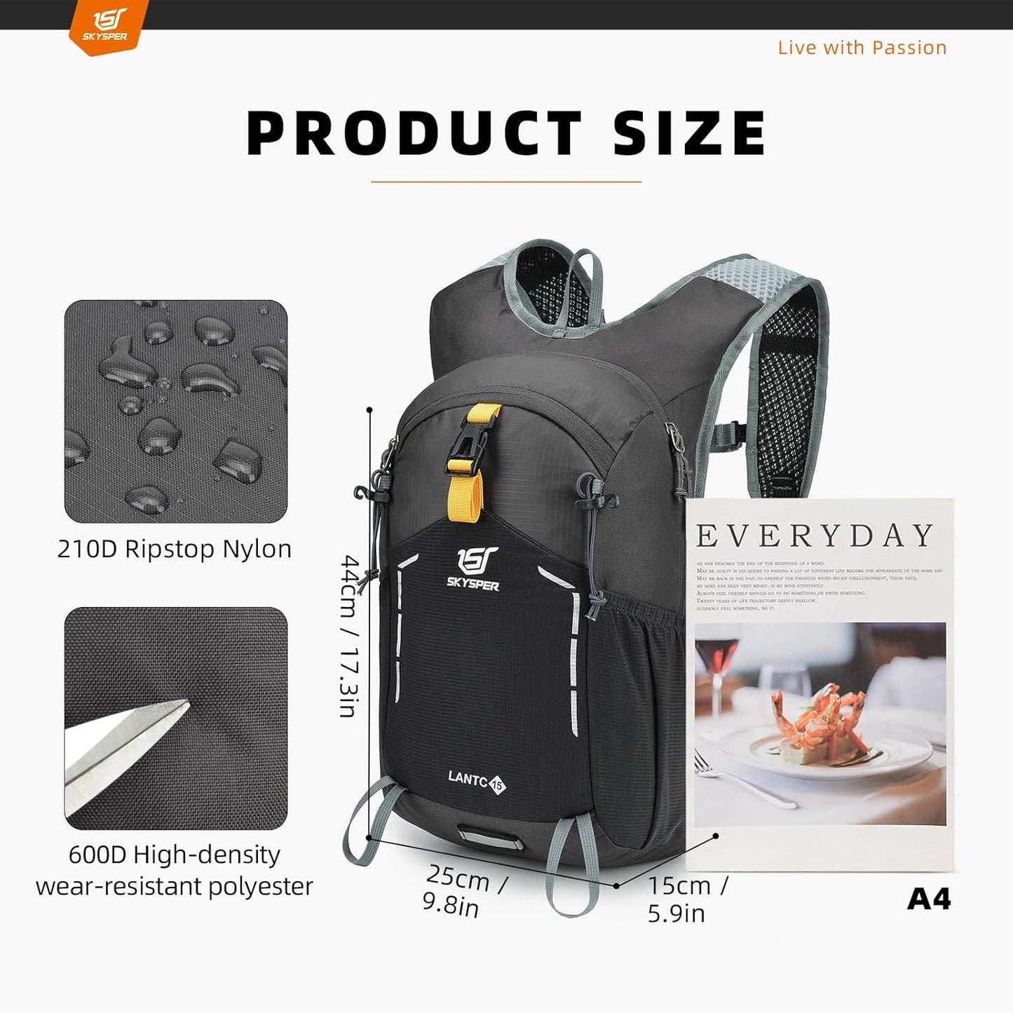 SKYSPER Small Hiking Backpack - 15L Travel Daypack Lightweight Bag Water Resistant Hiking Backpacks for Women Men
