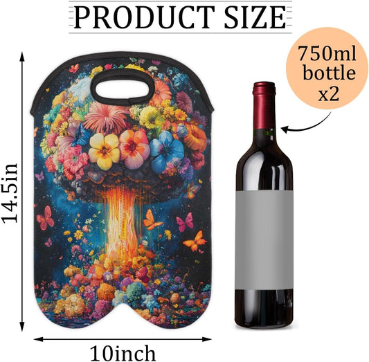 Neoprene Wine Tote, Bottle Carrier Gag Insulating Neoprene Thicker, Insulated Wine Bag for Travel Holds Two Bottles, Bottle Carrier Bags Protect the Bottles, Mushroom Flower