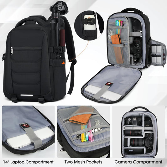 SDYSM Camera Bag Backpack Professional for DSLR SLR Mirrorless Camera Waterproof Laptop Back Pack 14 Inch with Rain Cover Anti Theft Travel Case Large Capacity Photography Backpack Black