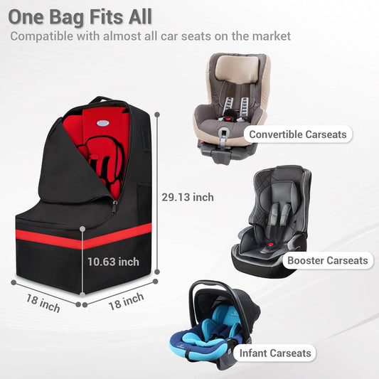 Car Seat Travel Bag - Padded, Comfortable, Durable, Roomy Gate Check Carseat Cover Backpack Fits 3-in-1,Convertible, Booster & Infant Car Seats for Airplane, Airport, Red