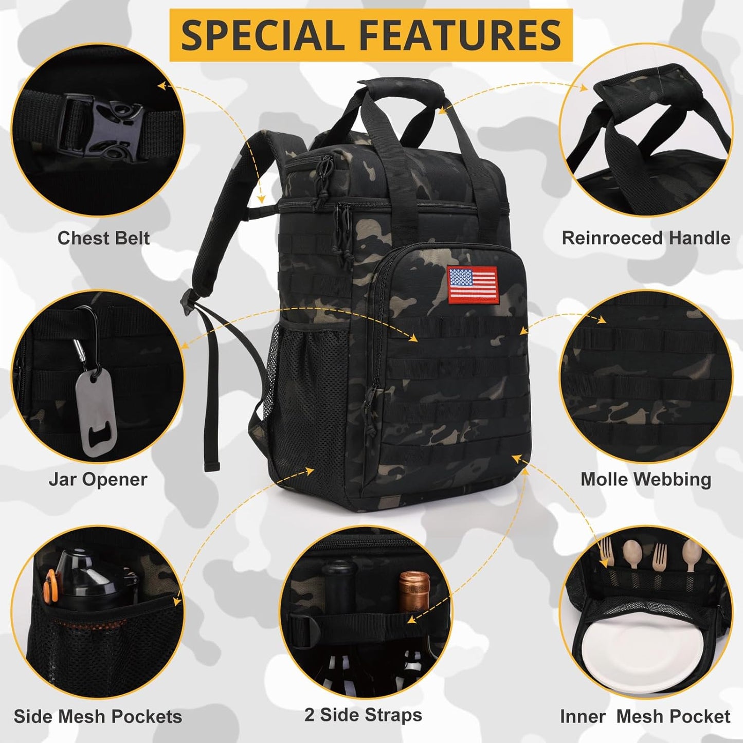 Tactical Backpack Cooler,Lunch Backpack for Men Adults Work with Handle,Soft Cooler Backpack Insulated Waterproof Leak Proof