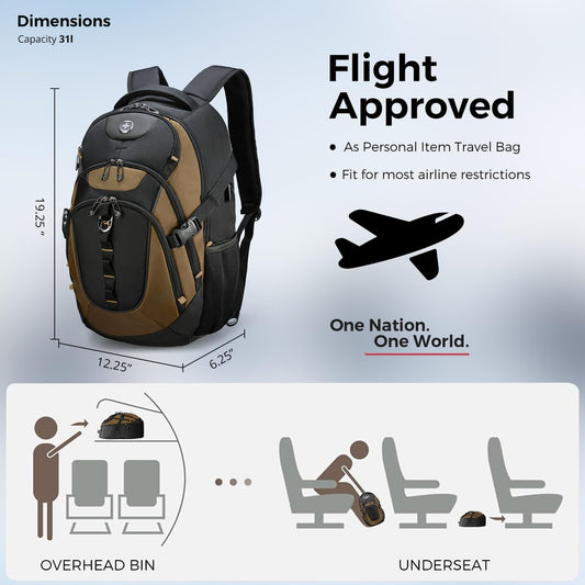 Swissdigital Design Laptop Backpack with USB Charging Port, TSA Travel Backpack Fits 15.6 inches Computer, 31L College School Backpack for Men, Tan/Black | SD803
