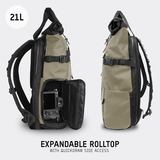 WANDRD PRVKE 21L, V3 Backpack: Weather-Resistant Travel & Camera Backpack with Laptop Sleeve, Quick Side Access, Clamshell Opening – Ideal Photography & Travel Bag (Yuma Tan)