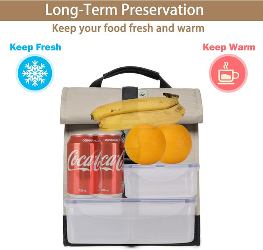 SUNNY BIRD Insulated Lunch Bag Rolltop Lunch Box Tote Bag for Women, Men, Adults and Teens (Grey and black)