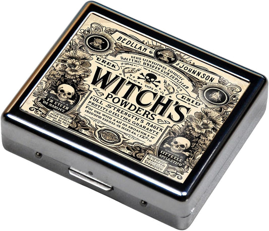 Cute and Portable Metal Pill Organizer – 8 Compartments, Elegant Chrome Finish, Ideal for Travel and Daily Use (Witch's Powders Vintage)