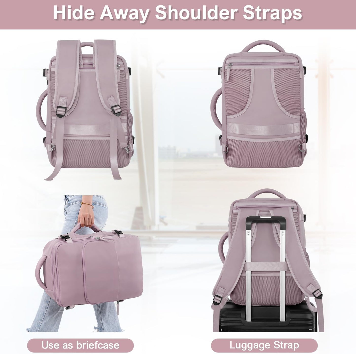 Travel Backpack, Carry on Flight Approved Backpack with Multi-Pockets, TSA Waterproof 17.3inch Laptop Backpack, Personal Item Travel Bag for Men Women, Light Purple