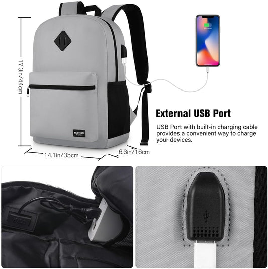 Unisex School Backpack,Classic Bookbag Adults and Teens Schoolbag with USB Port for High School College Office Work Travel