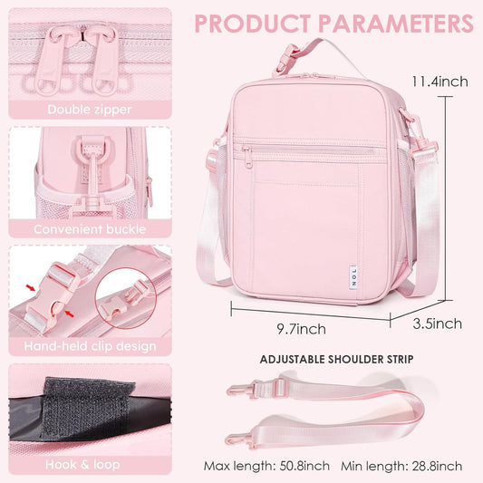 NOL Nylon Waterproof Kids Lunch Bag, Insulated Lunch Bag, Lunch box Cooler, Reusable, Zip Closure with Buckle Handle Holds Lunch Box, Snacks & Water Bottle for School Work,Pink