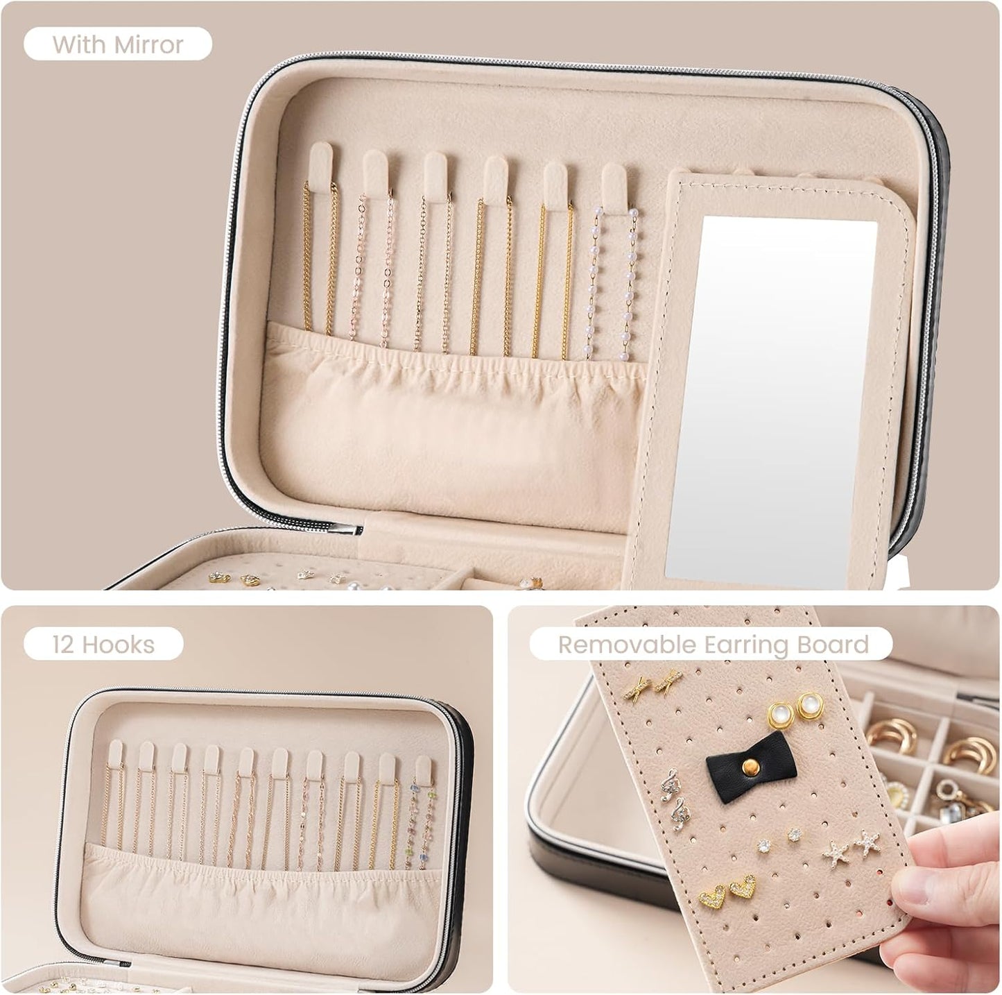Lolalet Travel Jewelry Case for Women, Travel Jewelry Organizer Box with Mirror & Clear Storage Bag, Small Portable Traveling Earring Necklace Bracelet Ring Case, Bridesmaid Gifts -Medium, Black