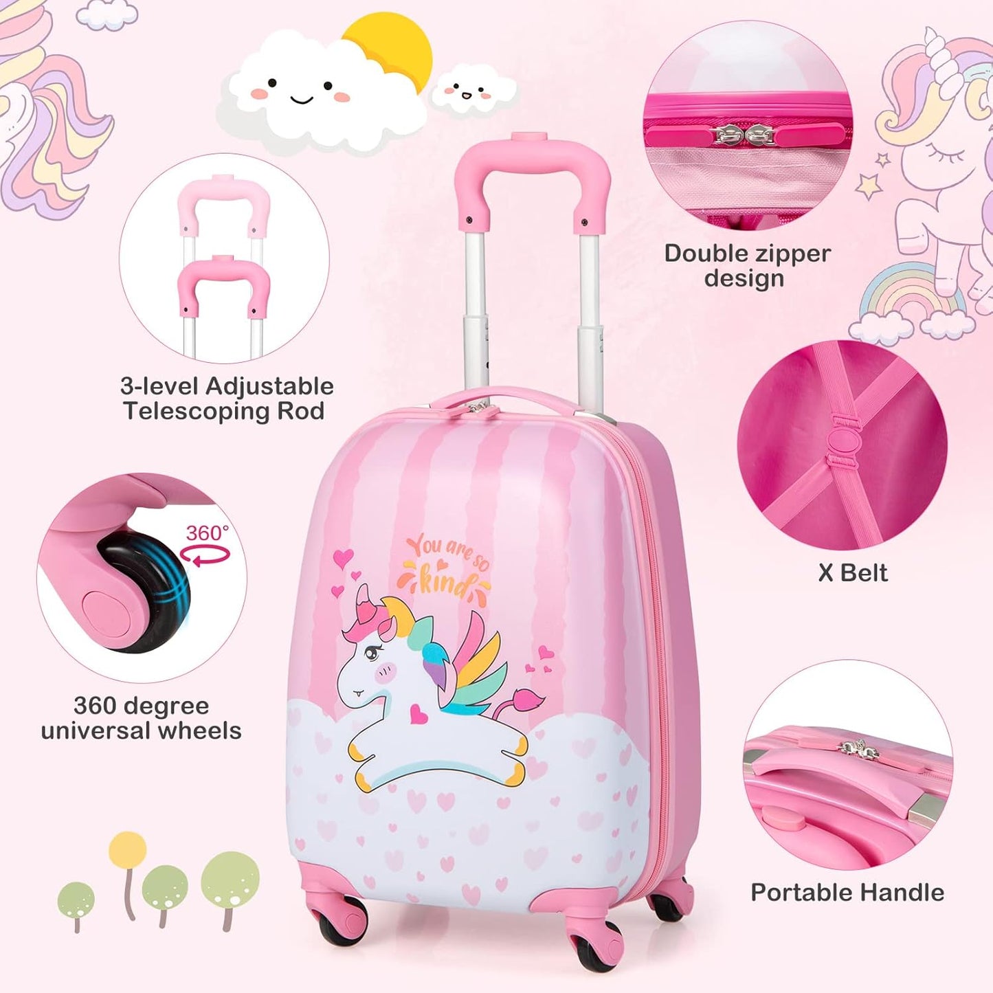 HONEY JOY Kids Luggage, 12" Toddler Backpack & 16" Travel Suitcase with Wheels, Lightweight Toddler Girls Suitcase, Durable ABS Hardshell, 2Pcs Carry On Luggage Set for Boys Girls(White Horse)