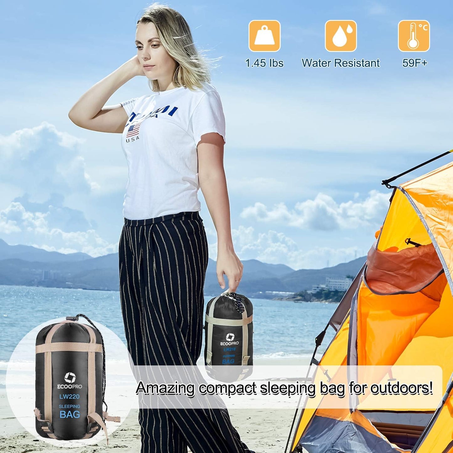 ECOOPRO Warm Weather Sleeping Bag - Portable, Waterproof, Compact Lightweight, Comfort with Compression Sack - Great for Outdoor Camping, Backpacking & Hiking-83 L x 30" W Fits Adults