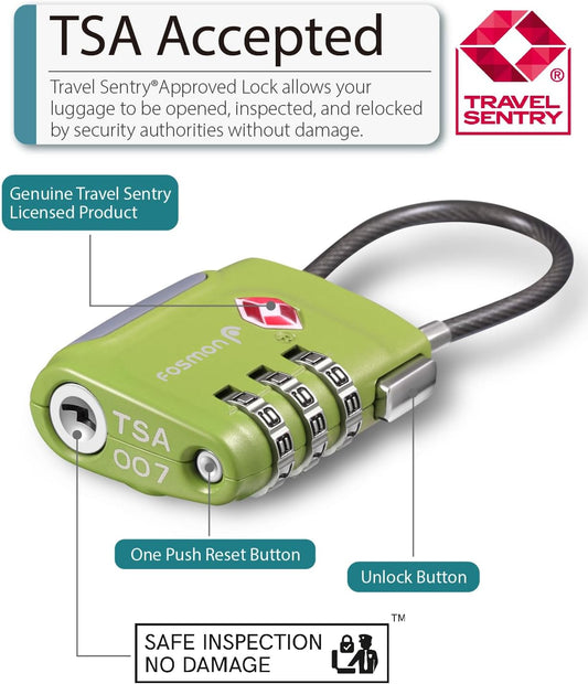 Fosmon TSA Approved Luggage Locks, Cable Suitcase Travel Lock, 3 Digit Long Shackle Combination Padlock, Wire Lock for Gym Locker, Backpack Anti Theft