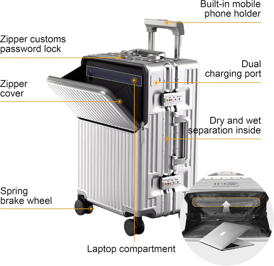 Hard Shell Luggage 20 Inch Travel Suitcase, 22x14x9 Airline Approved with TSA Lock, ABS Aluminum Frame, Lightweight Travel Luggage 20'' 24'' 26'' Carry-on Luggage (Upgraded Silver, 20 Inch)