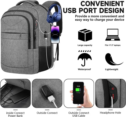 Lapsouno Extra Large Laptop Backpack, 17 Inch Carry on Travel Backpack, Anti-Theft College School Computer Bag with USB Port, Gift for Men Women, Grey