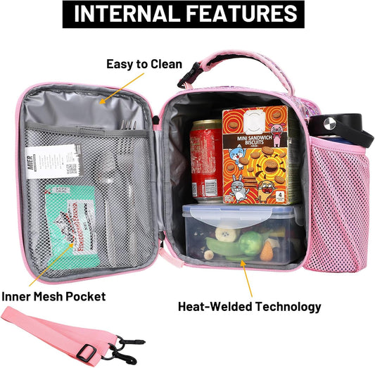 MIER Expandable Lunch Bag Insulated Lunch Box for Teen Girls Women to School Work Travel Portable Lunchbox Bags with Shoulder Strap and Water Bottle Holder(Pink)