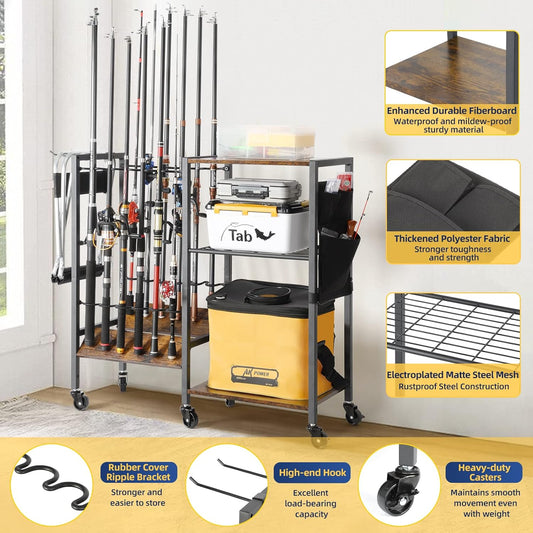 Olakee Fishing Rod Holder, Fishing Pole Holders for Garage Boat Home Entryway Fishing Gear Storage with Tackle Cart Ideal Gift for Men Dad Anglers Corner Design for Rods and Equipment Organizers