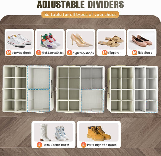 Budding Joy 2 Pack Shoe Organizer for Closet, Clear Foldable Shoe Storage Containers Adjustable Dividers Fits 16 Pairs,Shoe Storage Bins Baskets Boxes with Reinforced Handles Beige Yellow Beige
