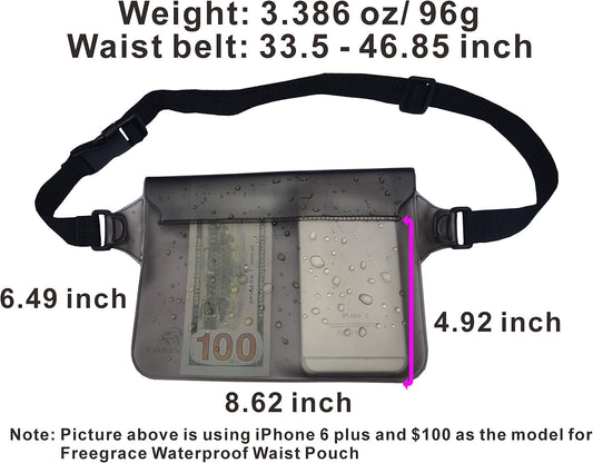 Freegrace Waterproof Pouches with Waist Strap / Pouch Case Bundle Set- Keep Your Phone & Valuables Dry and Safe - Waterproof Dry Bags for Boating Swimming Snorkeling Kayaking Beach Water Parks Pool