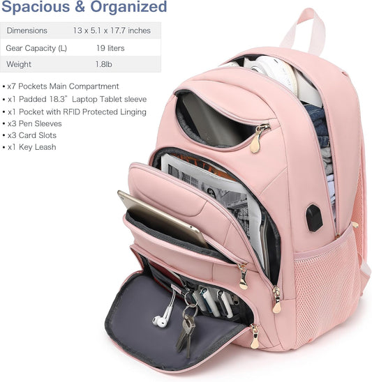 Boavan Laptop Backpack for women, 15.6 inch Laptop Bag with USB Port, Waterproof Travel Work Backpack Purse, Anti-Theft Teacher Nurse Doctor Casual Bookbags Office Business backpack,Pink