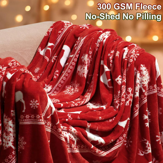 PHF Printed Fleece Throw Blanket, No Shed No Pilling Ultra Soft Plush Cozy Xmas Prints Theme Home Décor Flannel Blanket for Bed, Sofa, Couch and Gift, 50" x 60", Reindeer and Trees, Red