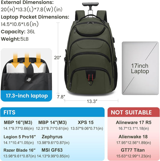 Boavan Rolling Backpack,17 inch Water Resistant Wheeled Backpack,Carry on Luggage Business Bag, Overnight College Computer bag Trolley Suitcase for Men Women Adults to Travel,Green