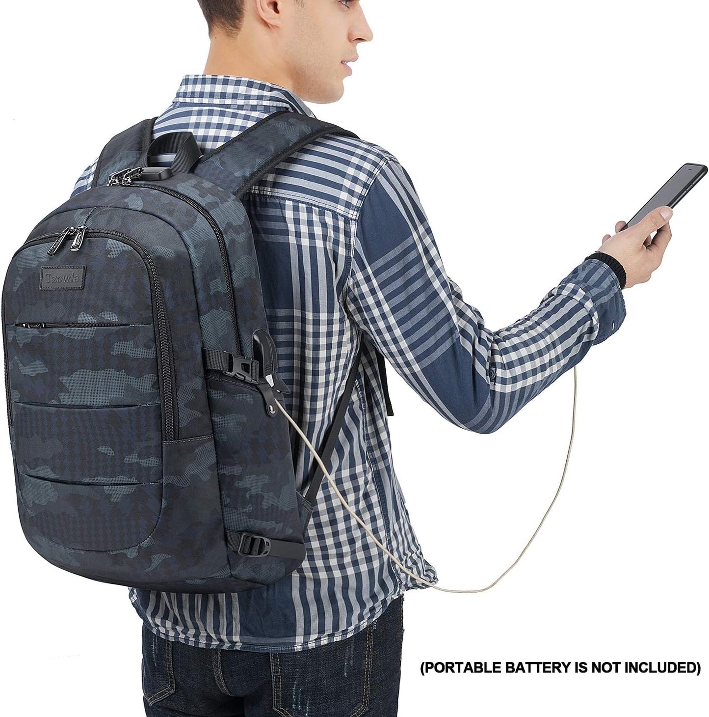 Tzowla Business Laptop Backpack Water Resistant Anti-Theft Backpack with USB Charging Port and Lock 15.6 Inch Computer Backpacks for Women Men, Casual Hiking Travel Daypack (Navy Blue Camo)