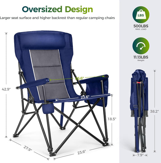 ALPHA CAMP Oversized Folding Camping Chairs High Backrest Heavy Duty Lawn Chairs for Adults Support 500 LBS Portable Camp Chairs with Cup Holders Large Side Pocket Outdoor Chair 2 Pack
