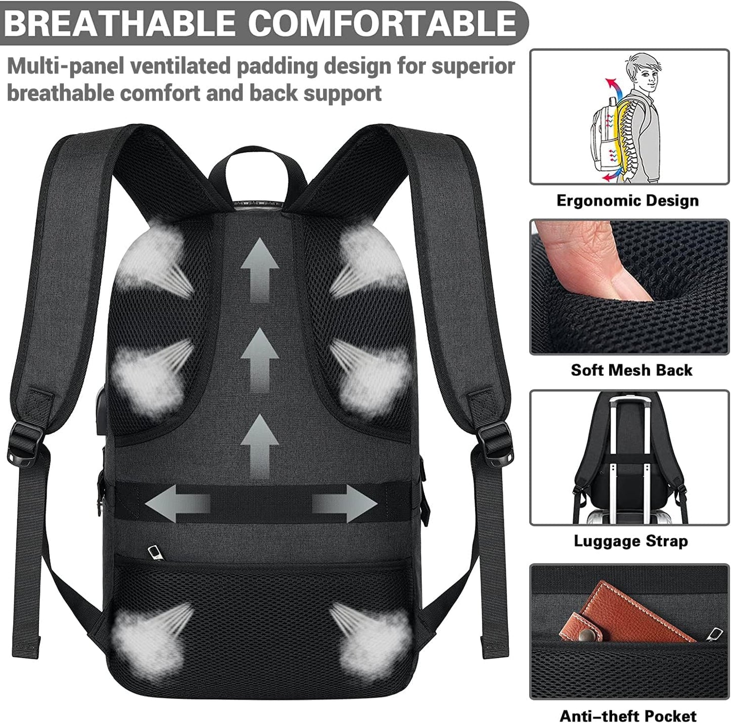 AMBOR Travel Laptop Backpack for Men, 15.6-17.3 inch Laptop Backpack for School, Anti Theft Business Work Backpack with USB Charging Port, Water Resistant College Computer Bag for Men & Women, Black