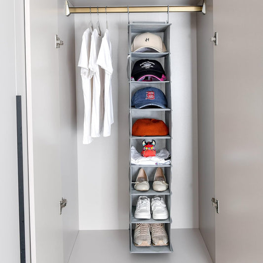 Hanging Shoe Organizer for Closet with Side Mesh Pockets,Hat Racks for Baseball Caps,Shoe and Hat Holder & Storage,8-Shelf,Gray,1 Pack