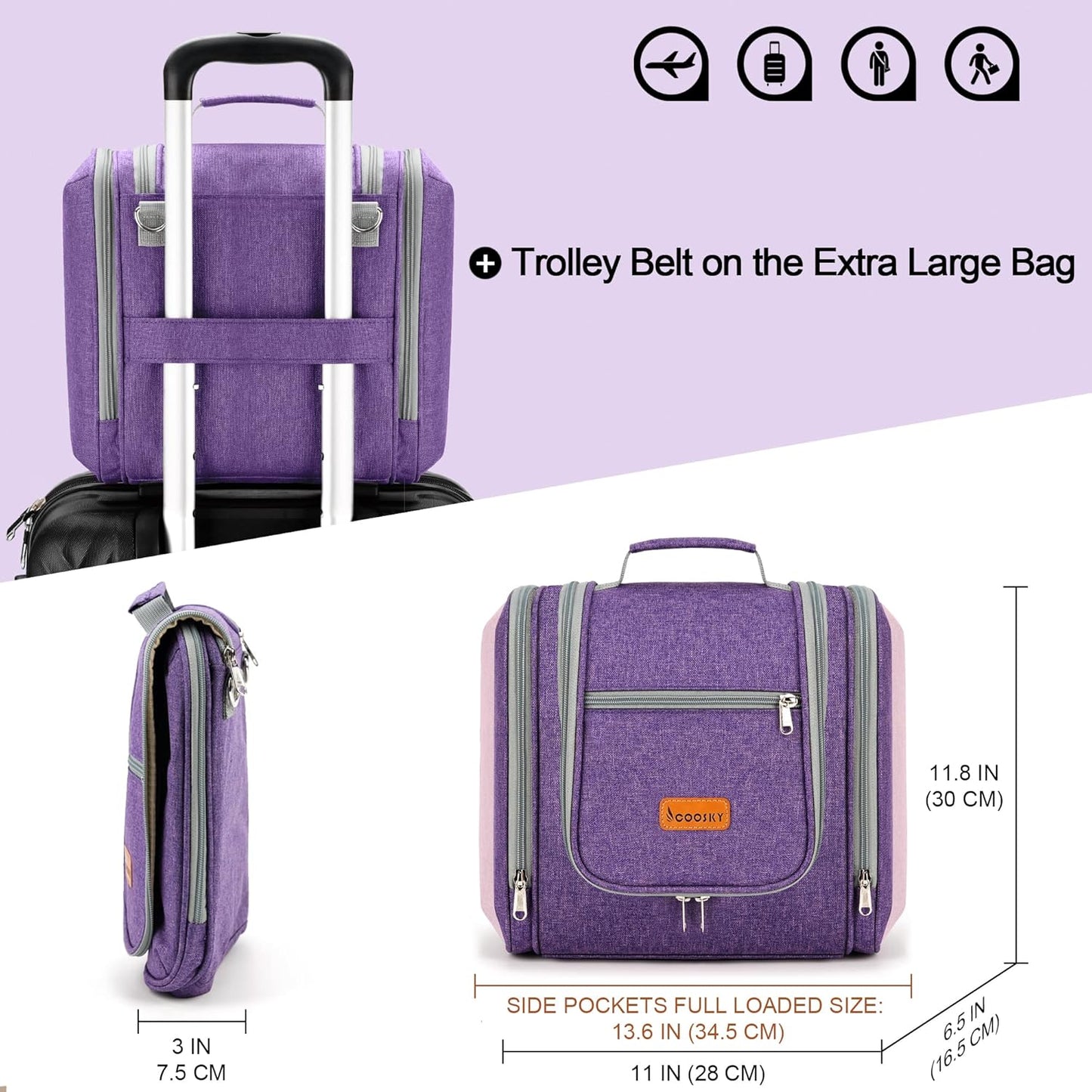 Extra Large Toiletry Bag for Women and Men, 6 Organizer Compartments, Holds Full Size Shampoo, with Hanging Hook Cosmetic Bag, Travel Makeup Bag, Bathroom Water-resistant Toiletries Bag, Purple
