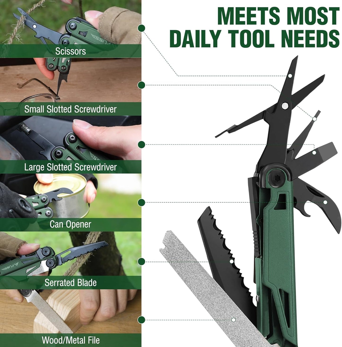 FLISSA Multitool, 15-in-1 Multi Tool Pocket Knife with Sheath, Stainless Steel EDC Multitool Pliers for Men, All-in-One Tools for Camping, Fishing, Survival