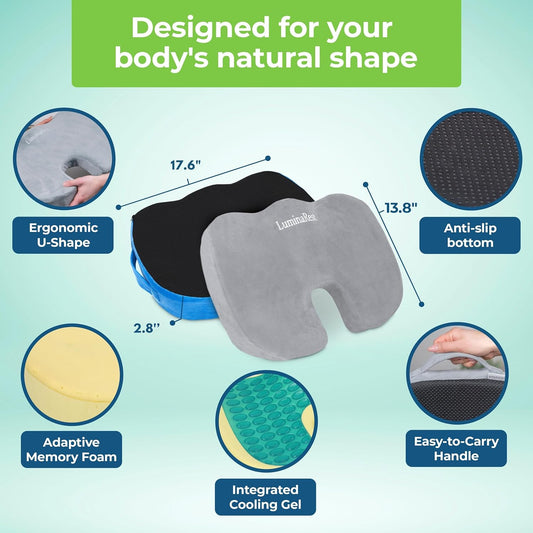 LuminaRest® Gel Seat Cushion for Long Sitting – CertiPUR-US® Certified Memory Foam – Premium Gel Tailbone Pain Relief Cushion, Adaptable for Office, Car, Airplane & Wheelchair – (Gray)