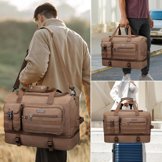 WITZMAN Duffle Bag for Men 50L Canvas Weekender Overnight Bag with Toiletry Bag Sets Travel Duffel Bag Shoes Compartment(A8010-2 Brown)
