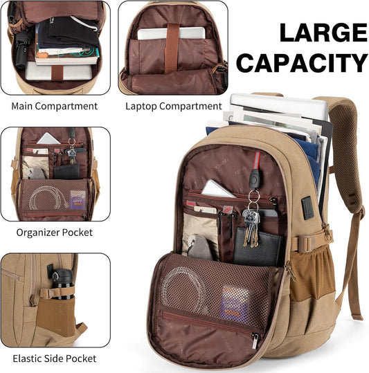 Tzowla Vintage Canvas Laptop Backpack for Men and Women,College Travel Work Rucksack with USB/Type-C Charging Port,Lightweight Bookbag Hiking Casual Daypack Backpacks Fit 15.6 Inch Notebook(Khaki)