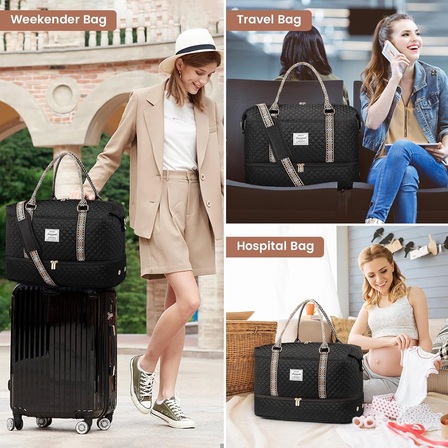 LOVEVOOK Travel Duffle Bag,Weekender Bags for Women with Shoe Compartment,Carry on Overnight Bag with Toiletry Bag,Gym Duffel Bag with Wet Pocket, Hospital Bags for Labor and Delivery