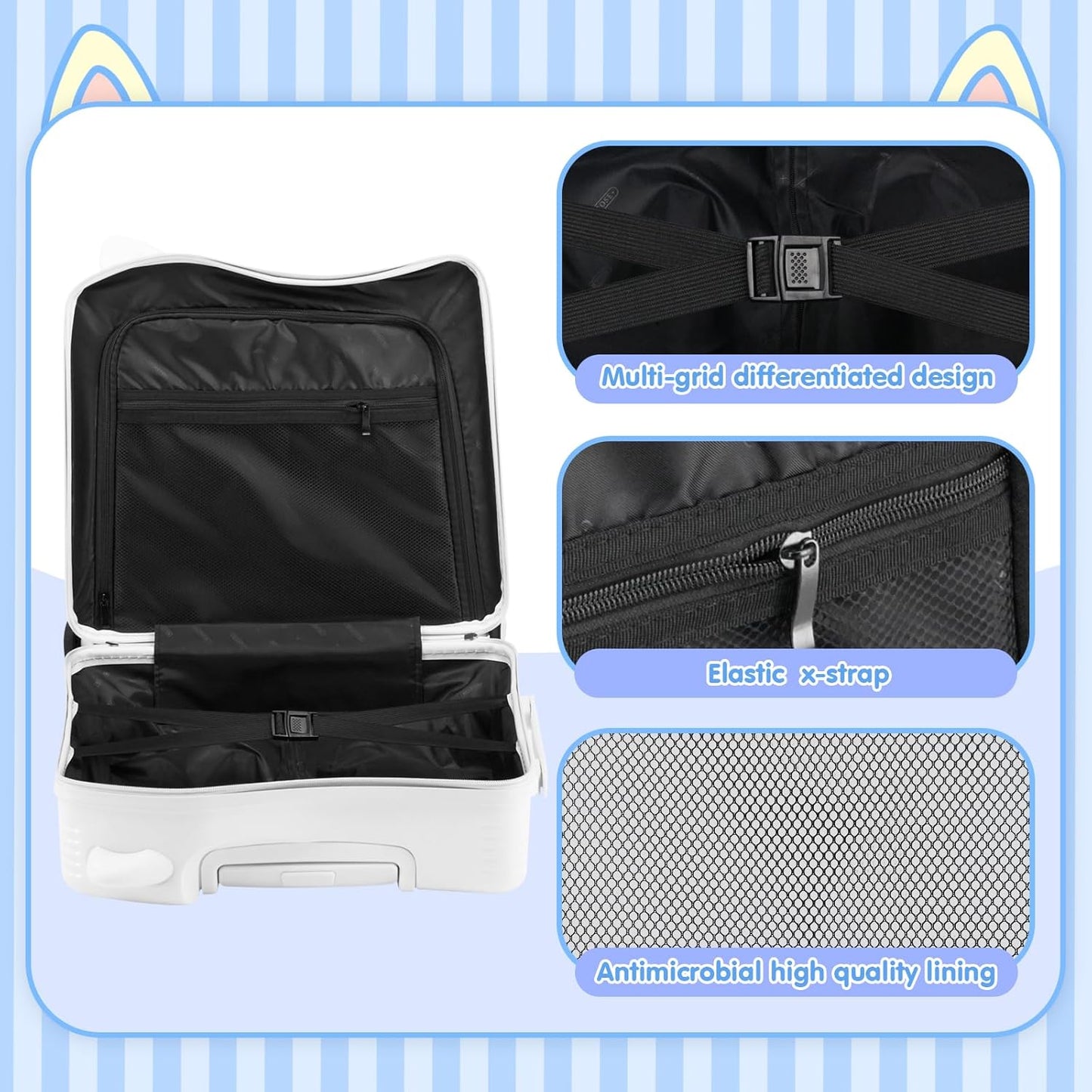 smilesun 20" Ride-On Travel Suitcase for Kids, Cute Ear Toddler Carry on Luggage with Spinner Wheels, Children Rolling Trolly Luggage with Combination Lock (Matte White with Rope)