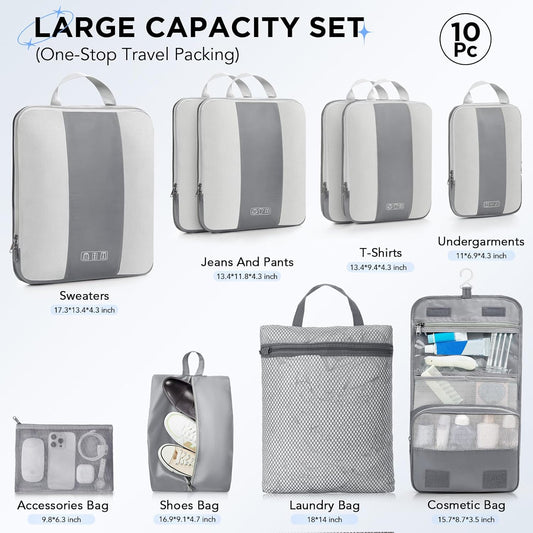 10 Set Compression Packing Cubes for Travel Essentials,Compressible Expandable Packing Cubes for Suitcase,OlarHike Luggage Organizer Bags for Travel,Handy Helper for Organizing Clothes(Gray)