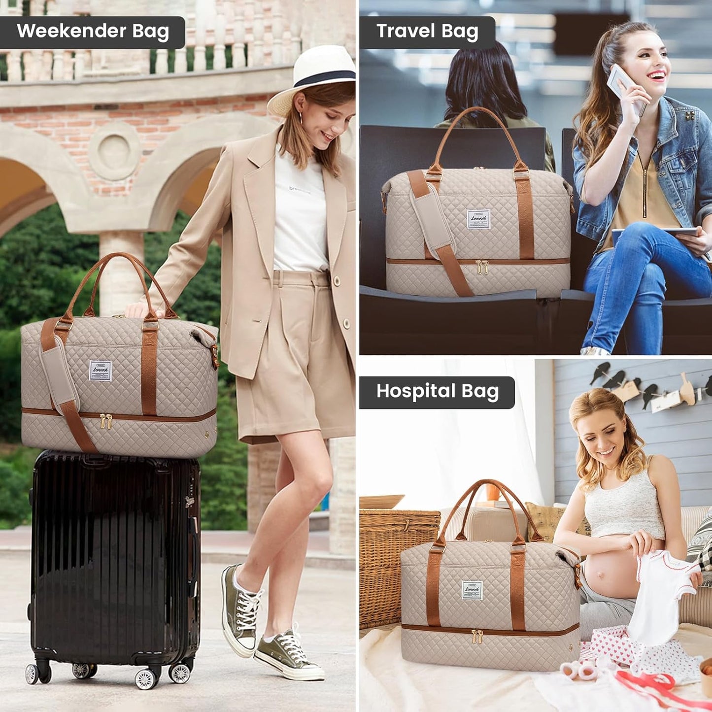 LOVEVOOK Travel Duffle Bag,Weekender Bags for Women with Shoe Compartment,Carry on Overnight Bag with Toiletry Bag,Gym Duffel Bag with Wet Pocket, Hospital Bags for Labor and Delivery