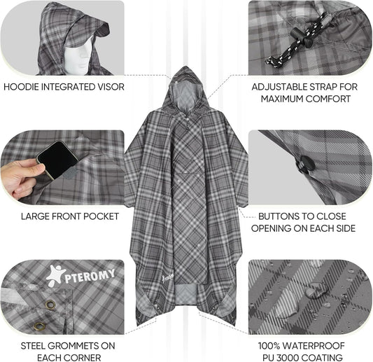 PTEROMY Hooded Rain Poncho for Adult with Pocket, Waterproof Lightweight Unisex Raincoat for Hiking Camping Emergency