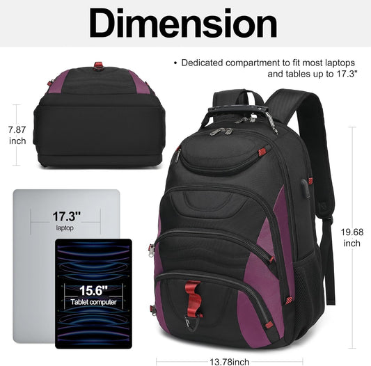 Boavan Laptop Backpack for men, 17.3 inch Laptop Bag with USB Port, Waterproof Travel Work Backpack Purse, Anti-Theft Teacher Nurse Doctor Casual Bookbags Office Business backpack,Black& Purple