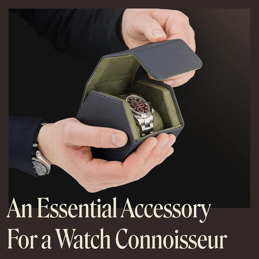 Leather Watch Cases for Men - Hexagon Single & Double Watch Roll Travel Case - Genuine Napa Leather with Velvet Interior - Storage & Display Holder 1 or 2 Watches