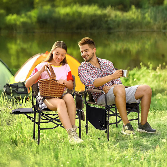 VINGLI Camping Chairs, Directors Chair, Camping Chair with Side Table & Carry Bag,Heavy Duty Camping Chairs for Adults,Portable Folding Camping Chair 2 Pack, for Beach, Fishing,Trip,Picnic,Lawn-Brown