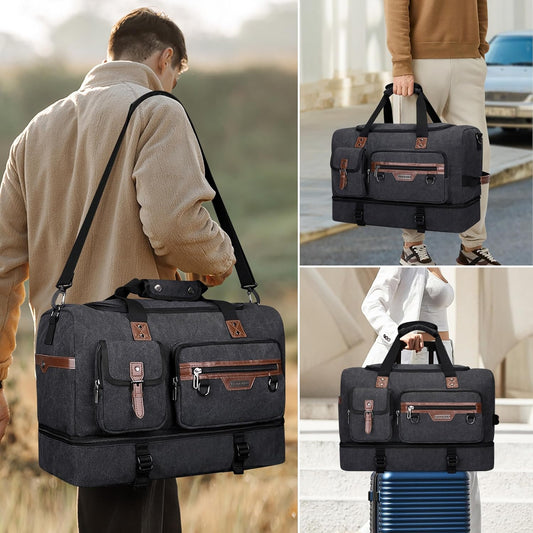 WITZMAN Canvas Weekender Bag Mens Overnight Bag for Traveling Carry on Duffle Bags with Shoes Compartment(A8010 Black)