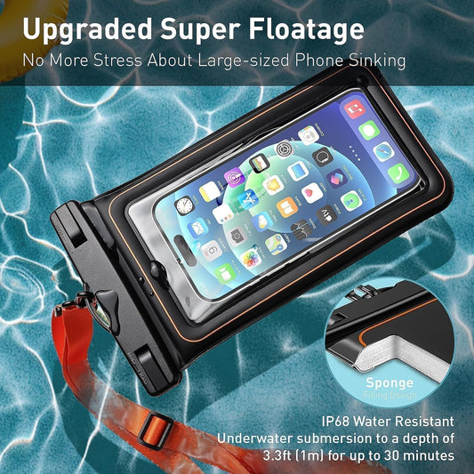 Marine IP68 Universal Waterproof Phone Pouch, Floating Waterproof Phone Case for Cellphone Up to 7", Beach Accessories for Vacation Must Haves, 2 Pack-Black/Hi-Vis Orange